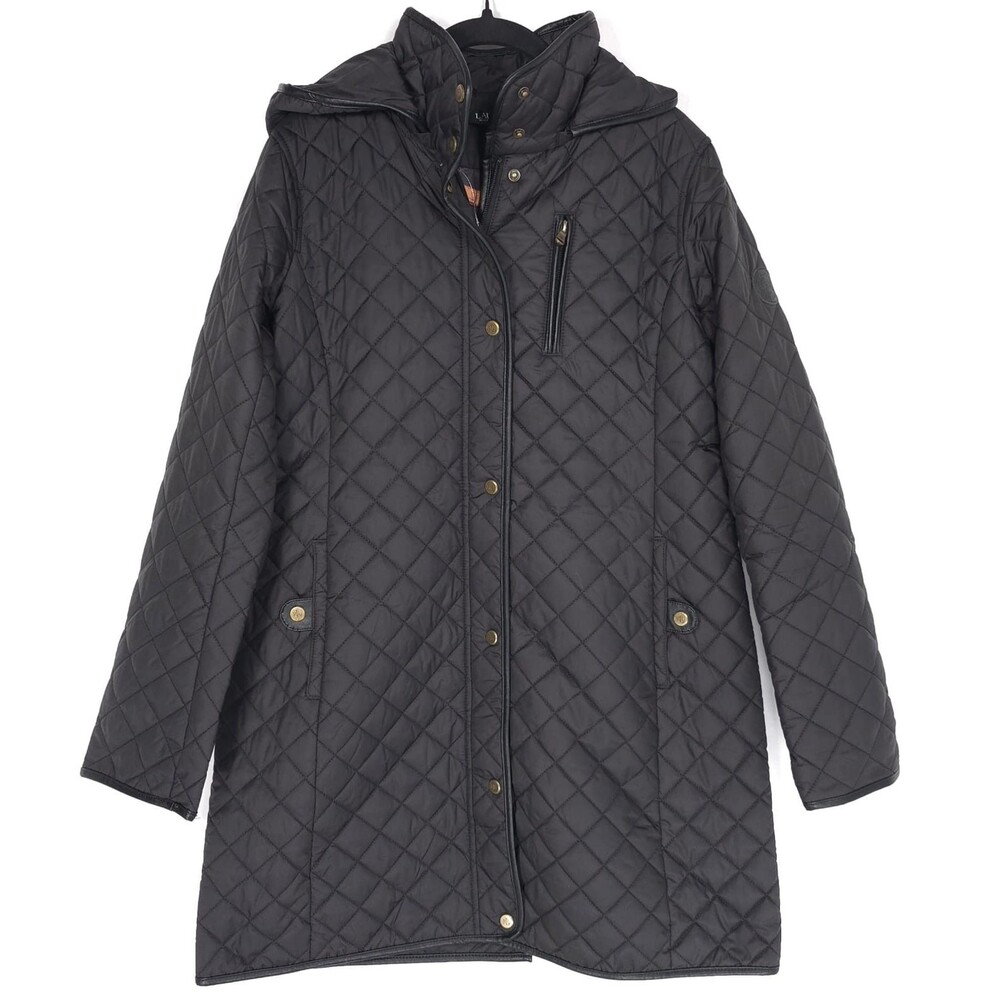 LAUREN RALPH LAUREN NWOT‎ Quilted Jacket Coat MEDIUM Black Hooded Women Long Zip